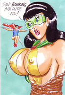 breasts drawing giantess manga black_hair color cleavage superhero bondage shrunken_men funny rope cape dialogue dc_comics doll_man phantom_lady