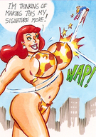 breasts drawing giantess mega color superhero giganta red_hair supergirl cape dialogue joe_gravel leopard_print dc_comics loincloth
