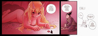 breasts drawing karbo nude blushing horns wings blonde monochrome color long_hair anime red_eyes shrunken_men demoness shikamaru naruto_(series)