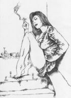 drawing giantess crush monochrome long_hair barefoot anime blood unknown_artist shrunken_men sitting foot_crush smoking worship cruel toe_crush