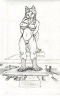 drawing giantess furry tail city monochrome aroused long_hair swimsuit destruction claws clothed vehicles dog_girl