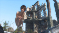 giantess nude mega brunette short_hair unknown_artist kneeling ruins digital_render