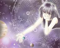 drawing giga space color clothed planet anime purple_hair purple_eyes short_hair unknown_artist cosmic_giantess