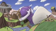 breasts drawing giantess landscape mega aroused color destruction anime huge_breasts brunette gloves dress crown village mountains runehoof pointed_ears the_legend_of_zelda princess_zelda_(the_legend_of_zelda)