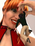 red_hair tontoblackadder shrunken_man dangle between_fingers looking_at_tiny digital_render