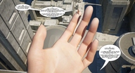 breasts giantess crush mega black_hair handheld barefoot finger blood hand jessi_and_vicky point_of_view tiny_mk digital_render