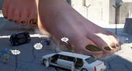 breasts giantess crush black_hair handheld barefoot finger blood hand jessi_and_vicky point_of_view tiny_mk digital_render