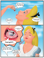 drawing giantess vore blonde comic color tongue blue_eyes cleavage dress zorro64 alice_in_wonderland disney hair_bow earrings white_rabbit