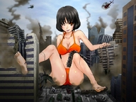 drawing giantess city mega black_hair color swimsuit destruction barefoot cleavage helicopter tank train omc