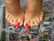 collage city mega destruction toes barefoot buildings unknown_artist pedicure red_nails long_toenails giantess_feet talons