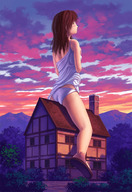 drawing giantess panties masturbation color butt anime unknown_artist sandals houses sitting_on_building