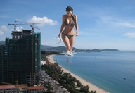 breasts giantess collage mega swimsuit beach cleavage ocean buildings brunette unknown_artist looking_down sky kim_kardashian earrings wading crane