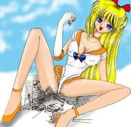 drawing giantess crush panties city color clothed cleavage anime sitting between_legs sailormoon sailor_venus