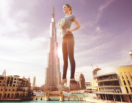 breasts gentle giantess collage city mega clothed high_heels ponytail burj_khalifa skyscraper