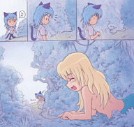 drawing gentle giantess karbo blonde color blue_hair forest cat_girl snake_girl crisis_(felarya)