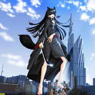 drawing giantess city black_hair color destruction sword anime red_eyes omc weapon burj_khalifa wolf_girl