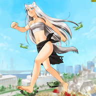 drawing giantess city color destruction barefoot rampage helicopter anime military tank omc running wolf_girl ripped_clothing makeshift_clothing