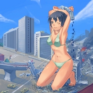 breasts drawing giantess city mega color swimsuit destruction barefoot anime military omc bus airplane falling