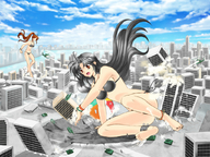 breasts drawing crush city mega black_hair color swimsuit destruction toes barefoot helicopter soles tank omc belly rubble giantesses thighs ankle_bracelet throwing