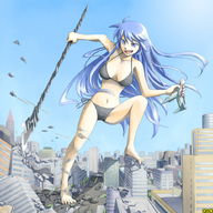 drawing giantess city mega color long_hair swimsuit destruction blue_eyes handheld toes barefoot cleavage anime blue_hair tank omc smiling navel foot_crush battle belly airplane looking_down jets open_mouth foot_print thighs ankles crowds spear tank_crush