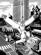breasts drawing giantess crush insertion nude pussy city monochrome destruction buildings lying_down apricot_garden between_legs vehicles vehicle_insertion legs_spread clenched_teeth