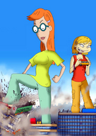 breasts drawing giantess crush collage city blonde destruction rampage glasses red_hair bus cartoon giantesses vehicles rugrats earrings colorectal