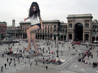 giantess crush feet city black_hair long_hair foot_crush legs shorts running