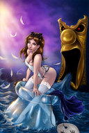 breasts drawing color cleavage water anime brunette stockings socks lingerie shrunken_woman alice_in_wonderland hair_bow doorknob