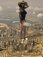 giantess city mega swimsuit destruction one_piece barefoot brunette sunglasses hat one_piece_swimsuit