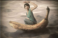 black_hair jeans scared asian shrunken_woman banana fruit
