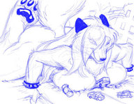 drawing giantess nude furry macro anthro monochrome large_breasts breast_crush fox paws vinca vehicles ken_sample fox_girl looking_at_tinies