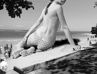 giantess monochrome swimsuit beach barefoot hand