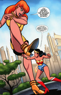 breasts drawing giantess city mega comic black_hair color armor high_heels buildings anime green_eyes shoes giganta red_hair dress boots wonder_woman earrings leotard bracelet dialogue tiara lasso imminent_crush dc_comics