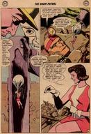 drawing giantess mega comic color clothed skirt brunette gloves boots shrunken_woman costume doom_patrol belt dc_comics bare_legs elasti-girl robotman negative_man rita_farr