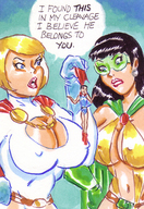 breasts drawing blonde black_hair color cleavage anime huge_breasts superhero gloves shrunken_man mask cape earrings belt leotard dialogue hands_on_hips power_girl joe_gravel pinched dc_comics doll_man phantom_lady
