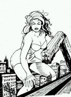 breasts drawing giantess city monochrome long_hair destruction handheld rampage cleavage buildings train subway looking_down closed_eyes tangled power_lines mini_skirt attack_of_the_50_foot_woman nancy_archer tracks