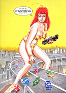 breasts drawing giantess city mega comic color bridge handheld cleavage traffic giganta red_hair robin looking_down highway vehicles batman poster straddling joe_gravel leopard_print attack_of_the_50_foot_woman dc_comics