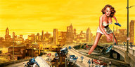 breasts drawing city color bridge destruction handheld rampage cleavage bra skirt traffic brunette looking_down highway vehicles straddling top attack_of_the_50_foot_woman nancy_archer
