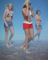 mega blonde destruction brunette shorts walking sunglasses giantesses flip_flops red_nails bikini_top navel_ring