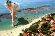 giantess collage blonde beach barefoot ocean lingerie sand boats trees