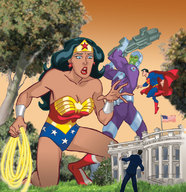 drawing giantess black_hair armor cleavage gun anime boots kneeling unaware shrunken_man costume superman wonder_woman cape earrings shrunken_building belt flag leotard bracelet tiara lasso dc_comics white_house bare_legs brainiac