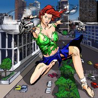 breasts drawing giantess panties mega color skirt helicopter red_hair vehicles ripped_clothing