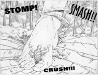 drawing giantess crush feet monochrome anime blood shrunken_men guts