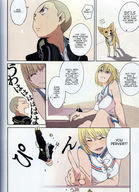 drawing giantess blushing manga blonde comic color blue_eyes clothed smiling closed_eyes scale_model gelatin mebae laugh dialogue flick cleavage_window bare_legs smirking