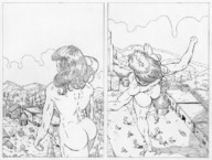 drawing female giantess nude monochrome butt stomp toes barefoot anime town walking thighs ankles crowds