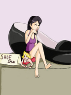 drawing blonde black_hair color barefoot butt_crush anime mandy shrunken_woman clover totally_spies hairband legs_crossed