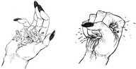drawing crush nude monochrome handheld blood gore shrunken_men cruel hand_crush fingernails unknown_hand