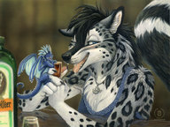 gentle giantess furry blushing tail wings anthro dragon black_hair color tongue blue_eyes saliva sitting snow_leopard blue_skin hida shrunken_man open_mouth drinking indoors bar necklace alcohol kacey tanidareal grey_skin on_cup