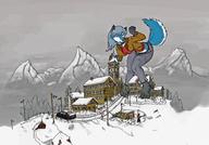 drawing gentle giantess furry wolf tail anthro city color large_breasts destruction blue_eyes clothed barefoot buildings story paws collar open_mouth mountains snow vehicles outdoors jacket trees accidental clock_tower bending_forward blue_fur accidental_destruction bare_midriff scream_(artist) alpine