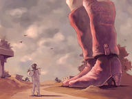 drawing giantess mega anime boots unknown_artist shrunken_men cowgirl painting outdoors